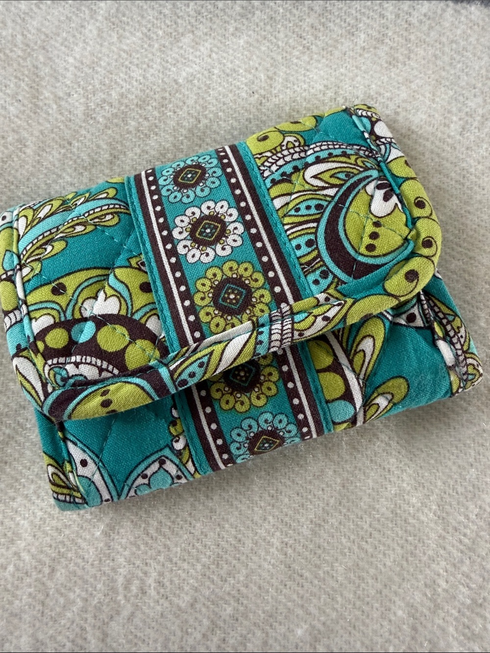 VERA Bradley Quilted Fold-Over Wallet in Teal and Lime Paisley